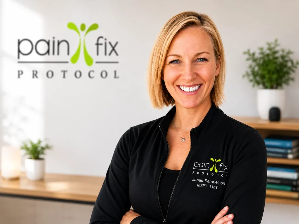 Pain Fix Protocol coach Janae Samuelson, MSPT, LMT, in her coaching office.