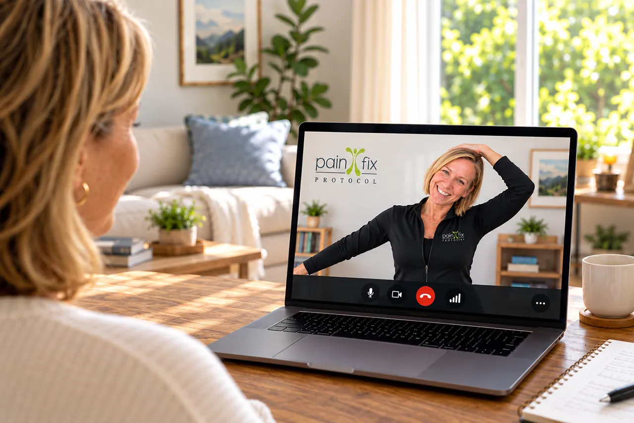Pain Fix Protocol member watching a virtual coach demonstrate a guided neck stretch during an online coaching session.